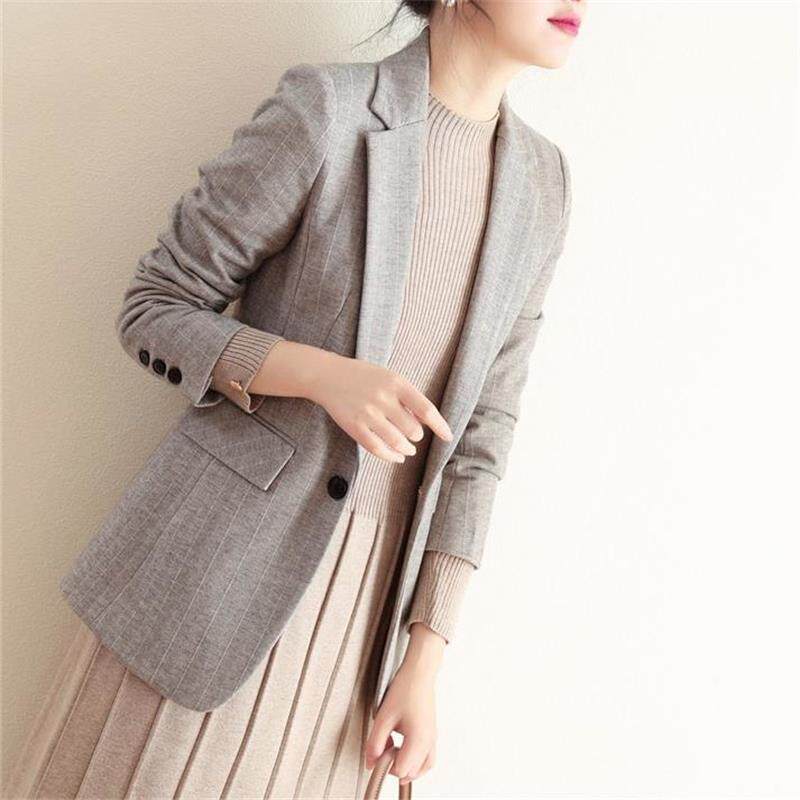 One Grain Buckle Vertical Striped Suit Jacket 2022 Spring Autumn Women's Clothing Temperament 100 Hitch Waist Display Slim Commute Little West Suit Jacket