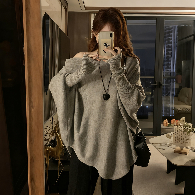 Plus Size Women's Clothing, Lazy Style, Off-Shoulder Batwing Sleeve Knit Sweater, Loose Fit, Slimming, Versatile Sweater Top, Trendy