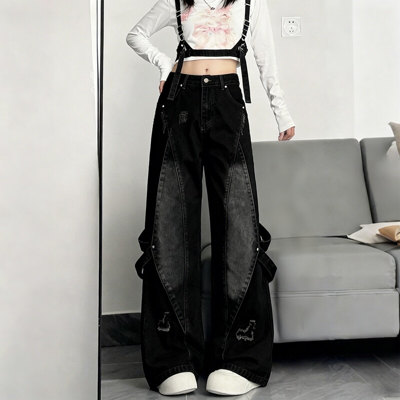 Plus Size Women's Vintage Washed Distressed Patchwork Jeans High-Waisted Slimming High Street Style Wide-Leg Pants