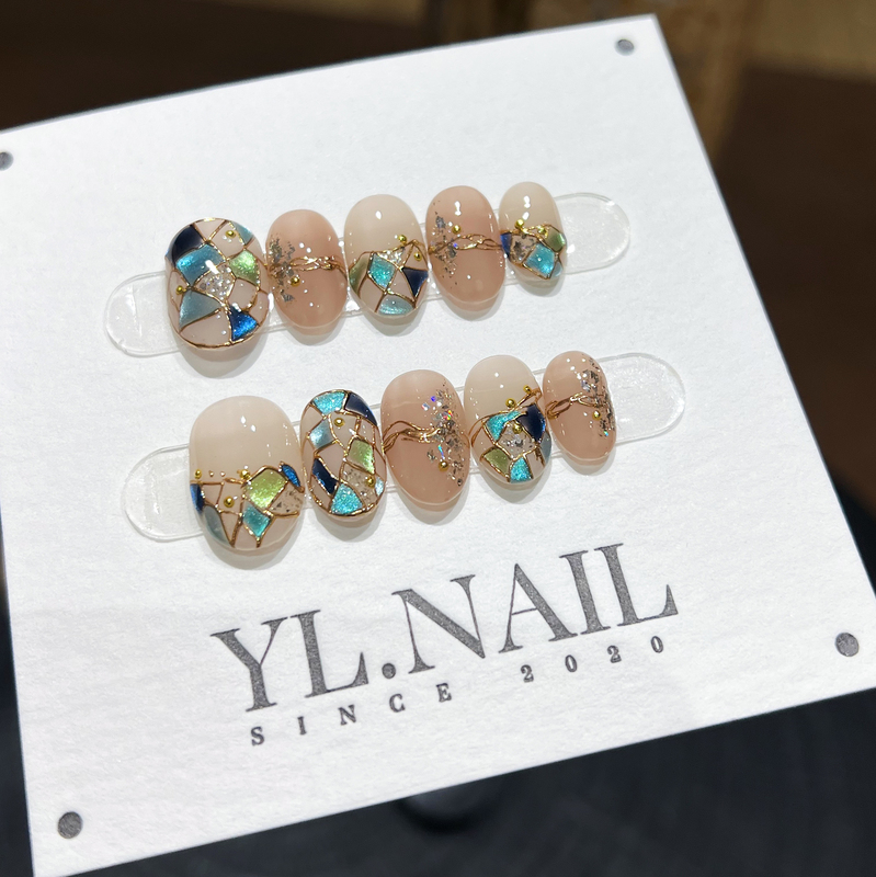 【Yl.Nail一窗琉璃】Handmade Nail Tips ins Unique Color Block Cat Eye Vintage Whitening Wearable Nails