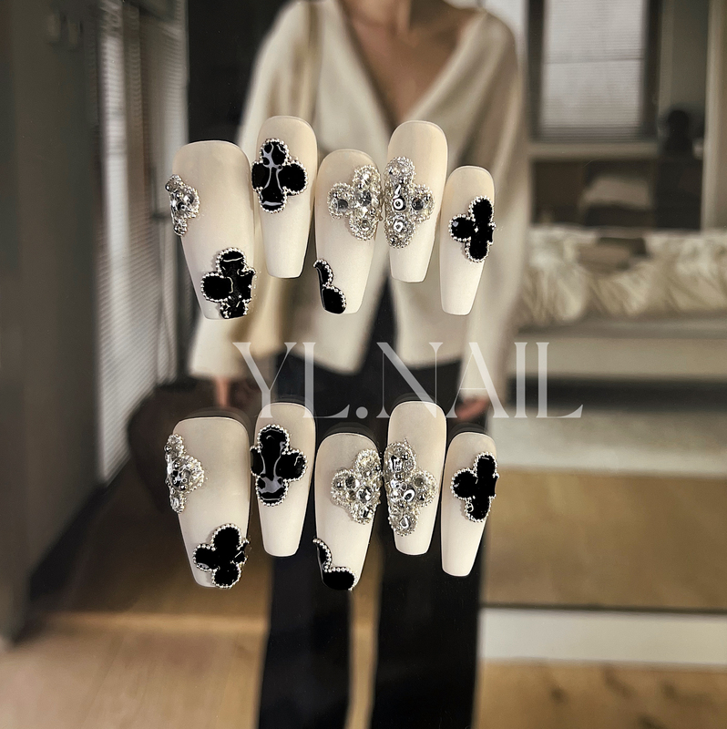 【Yl.Nail Vanke Jewelry 4.0】Handmade Nail Art ins Unique Black Flower Diamond Clover Wearable Nails