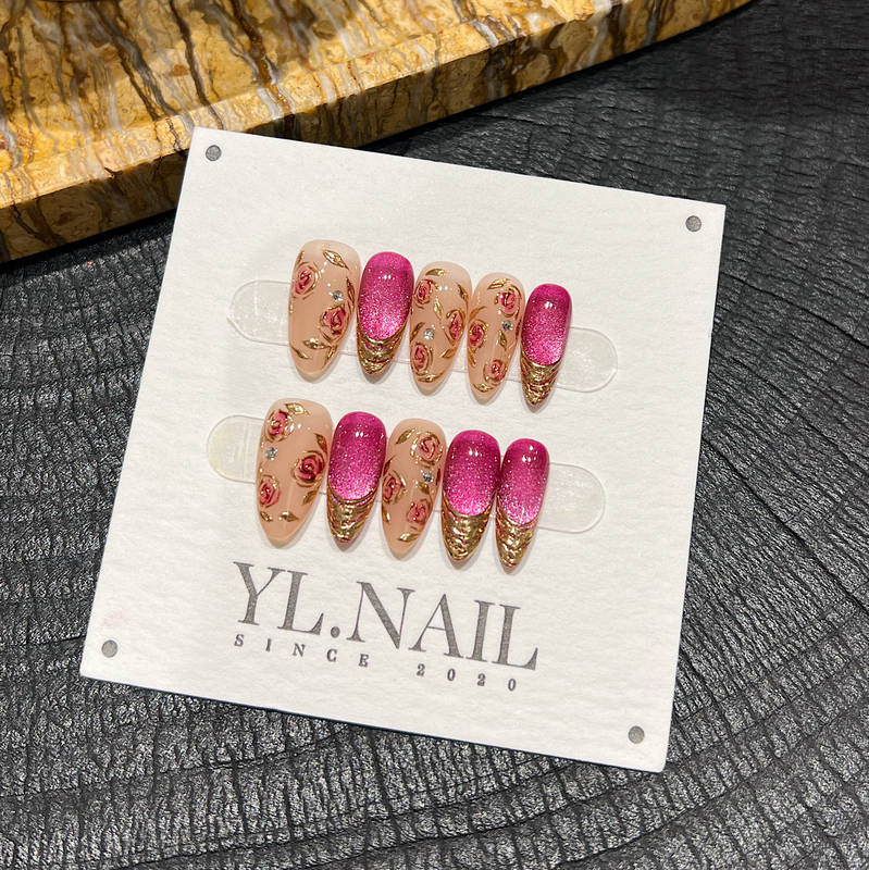 【Yl.Nail Rose Theater】Handmade Nail Tips ins Unique Hand-Painted Rose Rose Red Gold French Style Wearable Nails