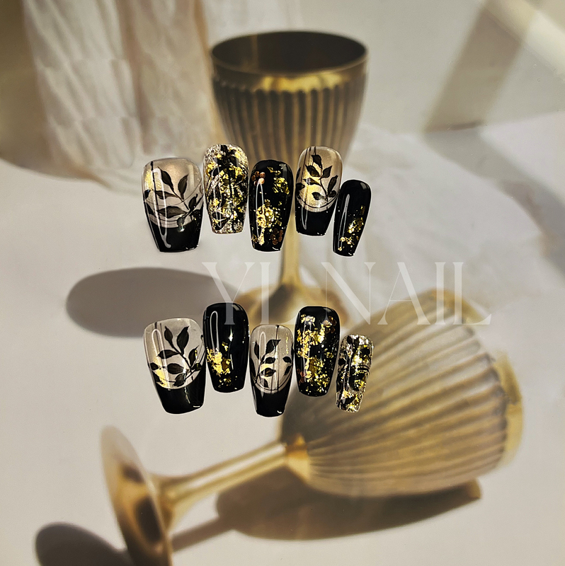 【Yl.Nail愿与愁】Handmade Nail Art ins Unique Hand-Painted French Gold Foil Brightening National Style Wearable Nails