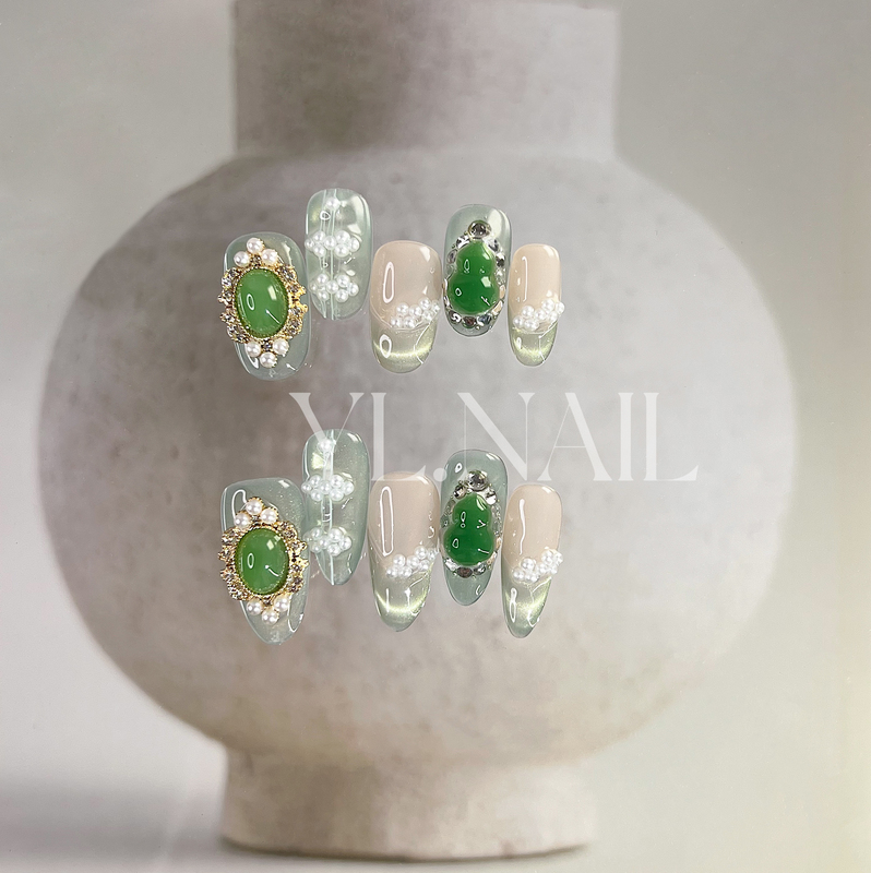 【Yl.Nail Jade Fortune - in Stock】Handmade Nail Art Niche Green Gourd New Chinese Style Cat's Eye Press-On Nails