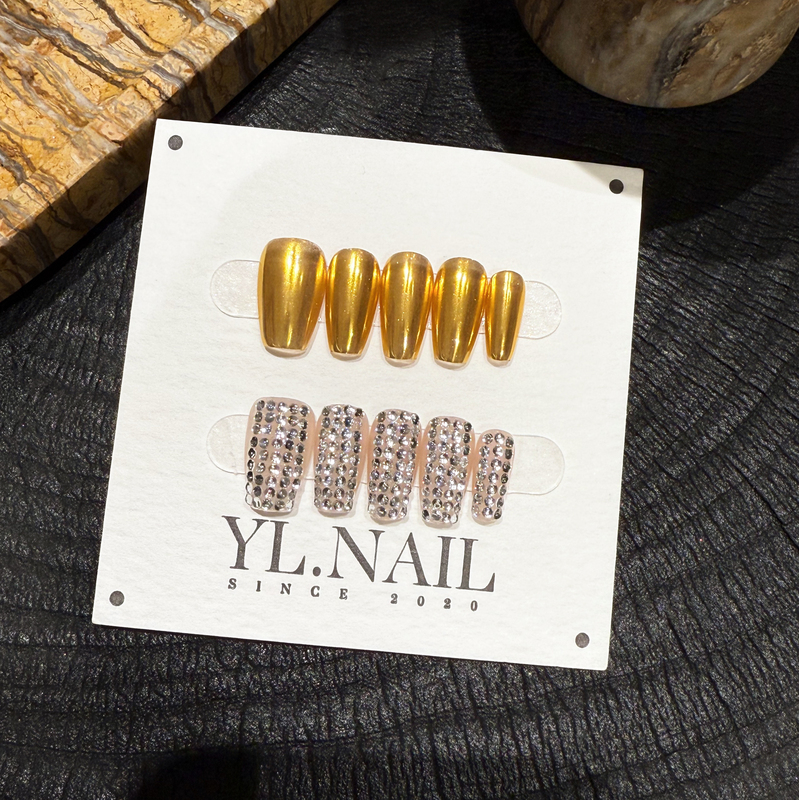 【Yl.Nail Left Gold Right Diamond】Handmade Nail Tips ins Unique Gold and Silver Ab Mixed Rhinestone Full Rhinestone Heavy Craft Wearable Nails 【Yl.Nail Left Gold Right Diamond】Handmade Nail Tips ins Unique Gold and Silver Ab Mixed Rhinestone Full Rhinestone Heavy Craft Wearable Nails