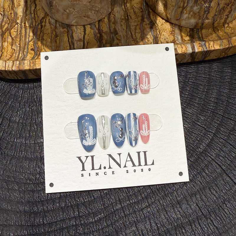 【Yl.Nail Ballet Diary】Handmade Nail Tips ins Unique Blue Lace Bow Ribbon Wearable Nails 【Yl.Nail Ballet Diary】Handmade Nail Tips ins Unique Blue Lace Bow Ribbon Wearable Nails