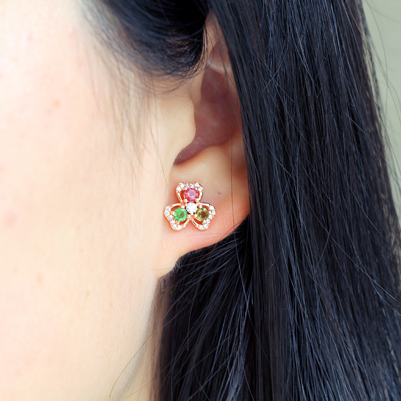 Original design natural tourmaline ear needle clover sterling silver simple small crystal super flash new temperament gemstone earrings