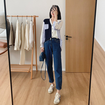 Big Ding homemade two-button high waist tapered jeans women early autumn loose slim old pants fashion versatile pants