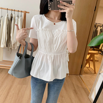 Ding homemade Xinjiang cotton stitching T-shirt female summer fake two-piece pleated round neck short sleeve loose temperament slim top