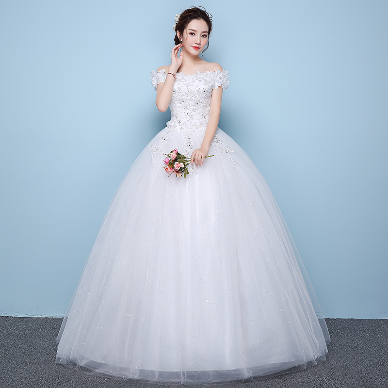 Wedding dress 2021 new temperament bride summer Qi Di French court large size simple word shoulder small man