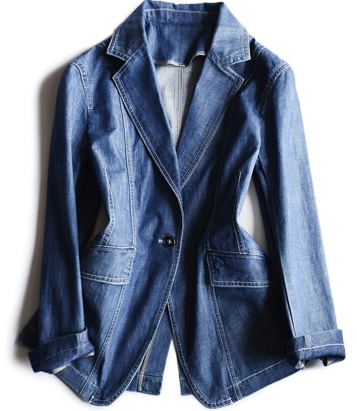 The Authenticity of Denim · the Elegance of a Tailored, Slim-Fit, Washed Denim Cotton Blazer Jacket for Spring