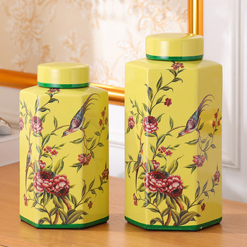 European Pastoral Style Hand-Painted Flower and Bird Ceramic Hexagonal Jar Two-Piece Set Living Room Model House Decoration Entrance Ornaments