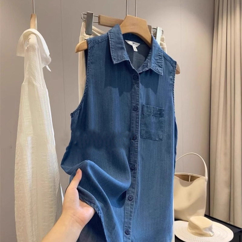 Versatile, Stylish, Minimalist, Thin Polo Collar Tencel Sleeveless Vest Shirt Top