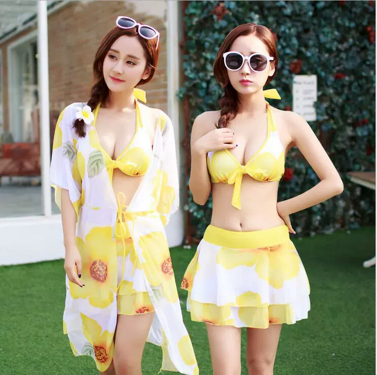 Bikini áo tắm xẻ tà áo tắm bốn mảnh phụ nữ bikini che bụng thép giảm béo hỗ trợ ngực nhỏ thu áo tắm suối nước nóng - Bikinis