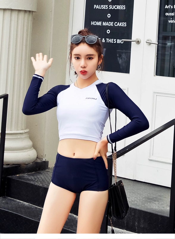 Hàn Quốc bảo thủ chống nắng dài tay cao eo đồ bơi học sinh nữ chia tam giác giảm béo bụng thể thao spa áo tắm
