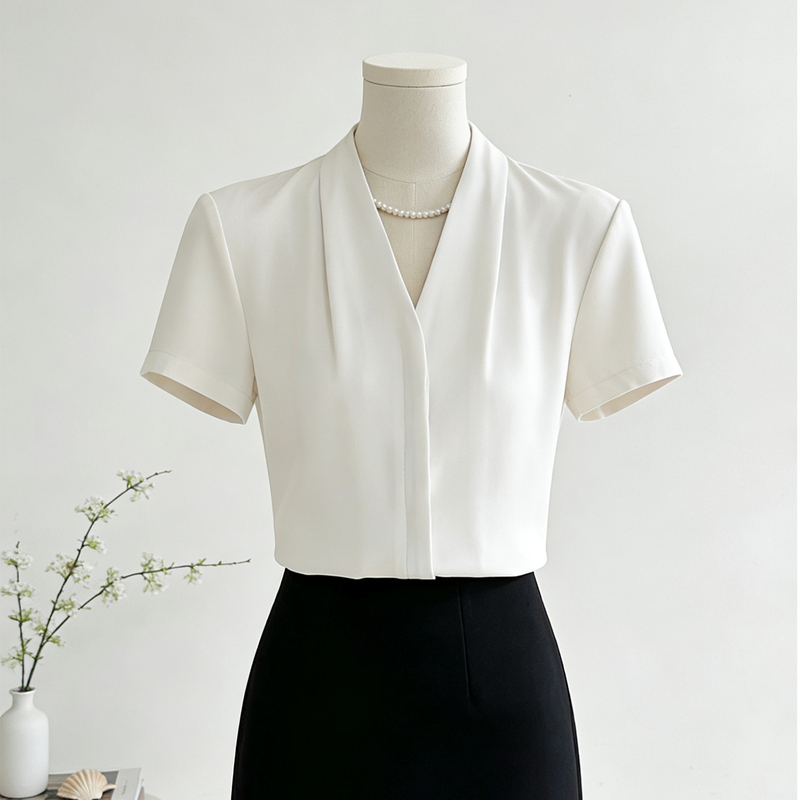 V-Neck White Shirt for Women, Short-Sleeved Summer Professional Chiffon Shirt, Formal Top for Career Interviews and Outfits