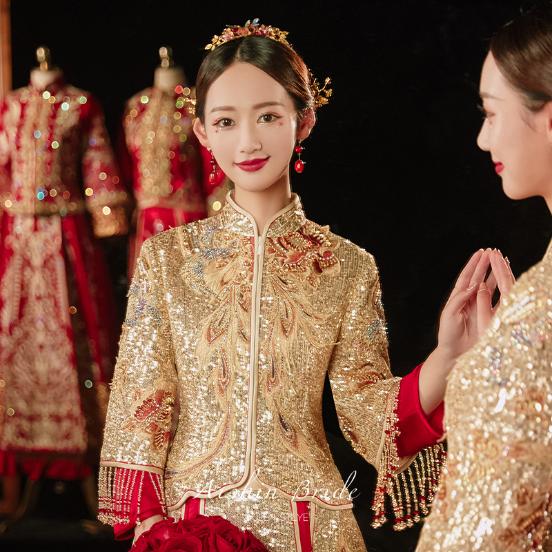 Show and suit 202021 new wedding Chinese bridal bride marry off the belly of the atmosphere Heavy work temperament high-end gold