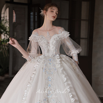 Sharman Wedding Dress 2022 New Bridal Style Straight Shoulder Heavy Work Extravaganza High-end Big Trailing Winter Long Sleeves