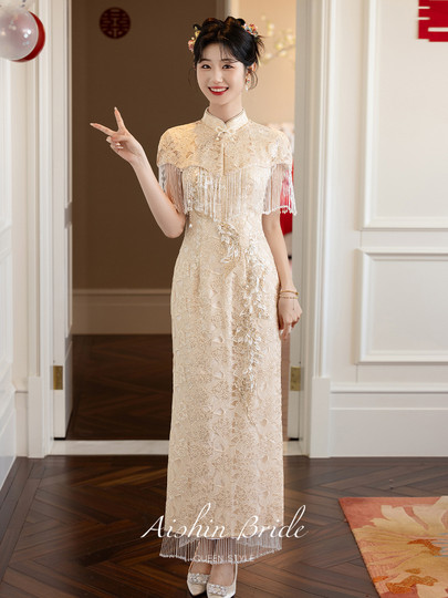 Aishini <Wutong> Cheongsam Toast Wear mujer 2025 nuevo vestido de compromiso de estilo chino vestido de borla de hombro de nube