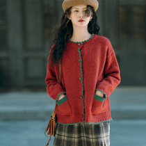 Dream horse red sweater woman retro loose round neck tone Lazy Wind Christmas New Year Knit Cardiovert Coat