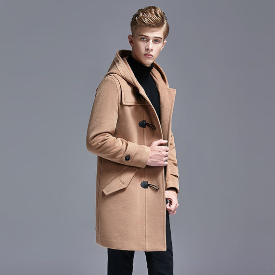 Autumn and winter cashmere horn button woolen coat men's thickened wool coat trendy mid-length Korean style fleece windbreaker