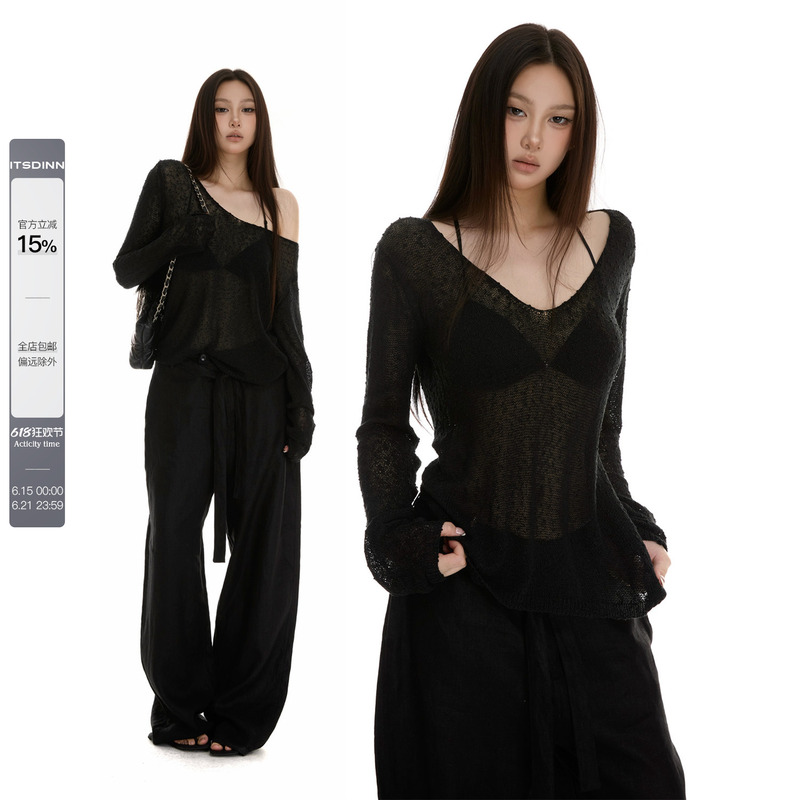 Itsdinn Black Deep V-Neck Drop-Shoulder Long-Sleeve Knit Sweater for Women, Dual-Wear, Lightweight, Breathable, Loose Casual Cover-Up