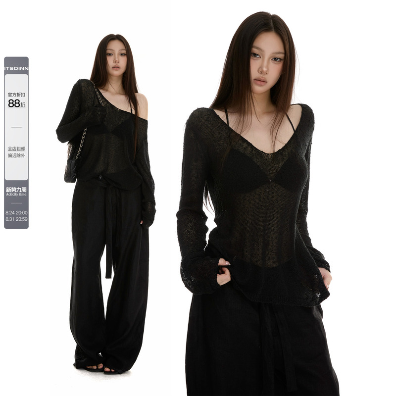 Itsdinn Black Deep V-Neck Drop-Shoulder Long-Sleeve Knit Sweater for Women, Dual-Wear, Lightweight, Breathable, Loose Casual Cover-Up
