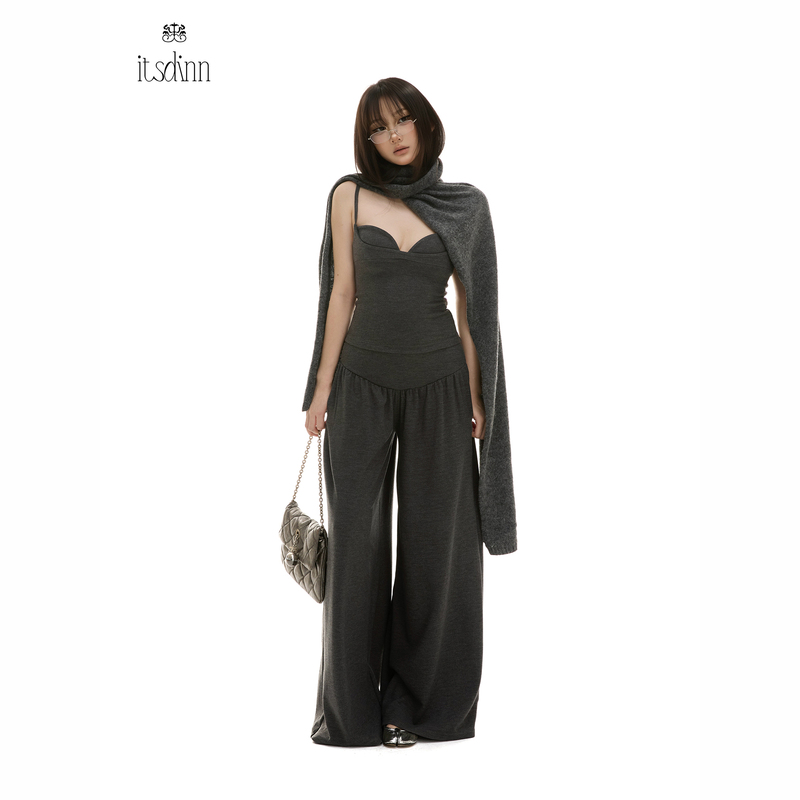 Itsdinn Velvet-Like Faux Two-Piece Patchwork Camisole & Loose Pleated Low-Waist Wide-Leg Casual Pants Set for Women