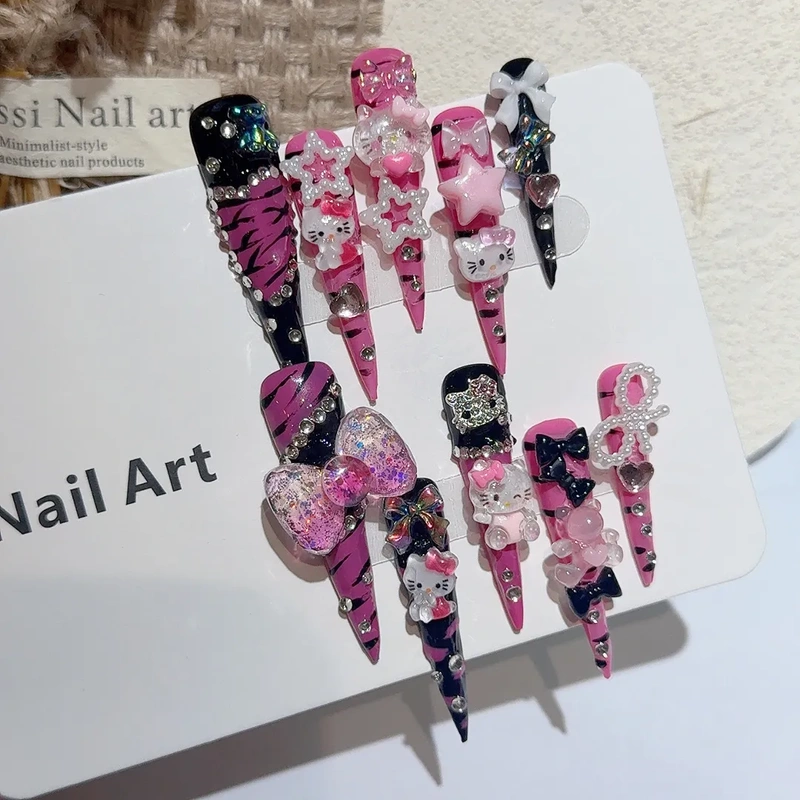 5.0 Extra-Long Pointed Hand-Painted Zebra Pattern Kt Hot Girl Press-On Nails, High-End Personalized European and American Style, Handmade and Reusable