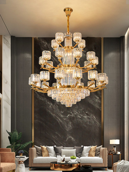 American-Style Villa Duplex Living Room with Open Lobby Chandelier, Light Luxury and Simple Bedroom, European-Style Dining Room Crystal Chandelier