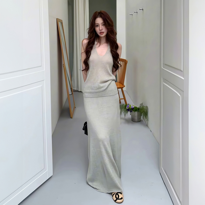 Lazy Style New Solid Color Sleeveless Vest Top Women's Summer Loose Skirt Long Skirt Two-Piece Set for Women Lazy Style New Solid Color Sleeveless Vest Top Women's Summer Loose Skirt Long Skirt Two-Piece Set for Women