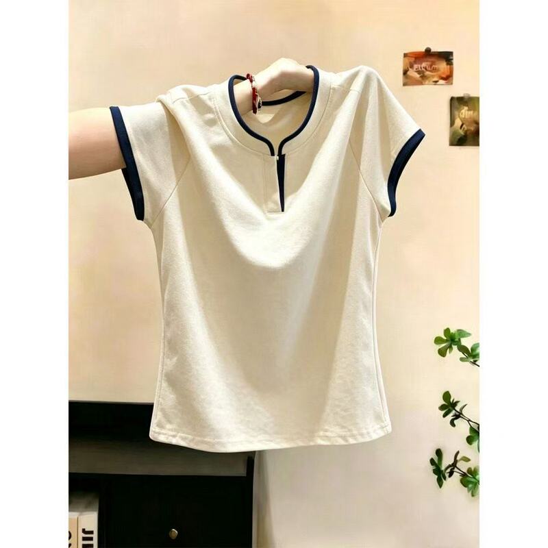 This Year's Popular Light-Mature Style Contrasting Color Regular Shoulder Short-Sleeve T-Shirt for Women, Fashionable Design, Versatile Pure Cotton Top