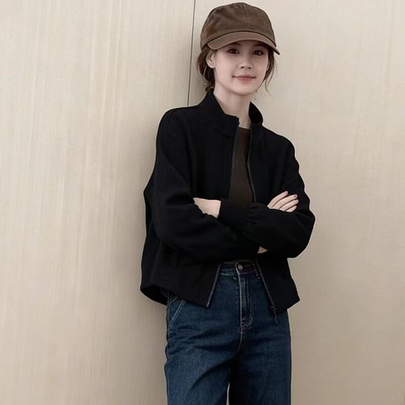 This Year's Popular Light-Mature Style Black Stand-Up Collar Zipper Short Jacket for Women with a Unique Design