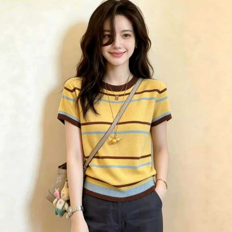 This Year's Popular Unique and Distinctive Color-Blocked Striped Knit Short-Sleeve Women's Slim-Fit Round-Neck Design Thin Top
