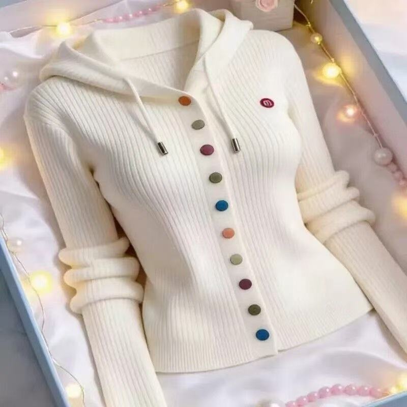 This Year's Popular Light-Mature Style Colorful Button Hooded Knit Sweater for Women with Long Sleeves and a Trendy Design