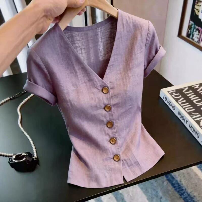 This Year's Popular Light-Mature Style Purple V-Neck Short-Sleeved Shirt for Women with a Stylish Button Design, Slimming and Versatile Top