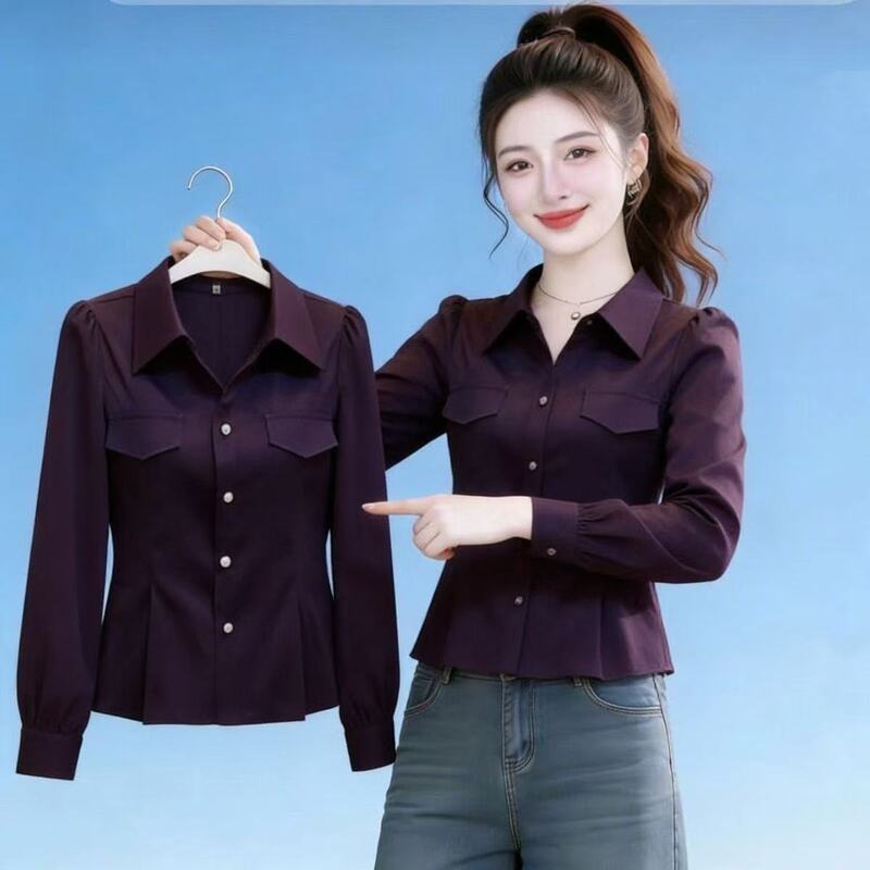 This Year's Popular Light-Mature Style Lapel Long-Sleeve Shirt for Women, Versatile, Slimming, Stylish Short Top with a Sense of Design