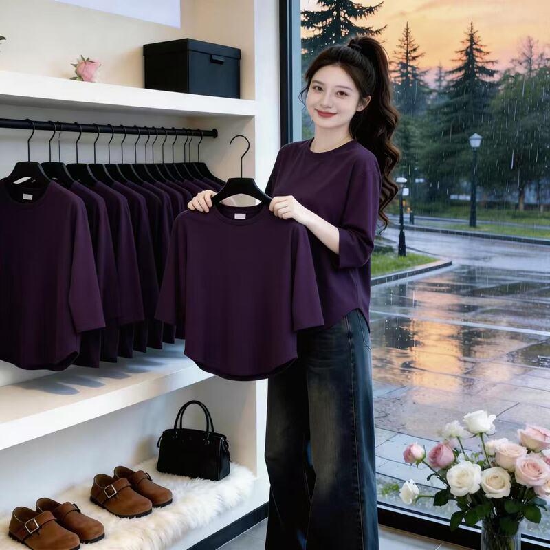 This Year's Popular Korean-Style Purple Three-Quarter Sleeve Regular Shoulder Top for Women, Stylish Pure Cotton Design, Basic Solid Color T-Shirt
