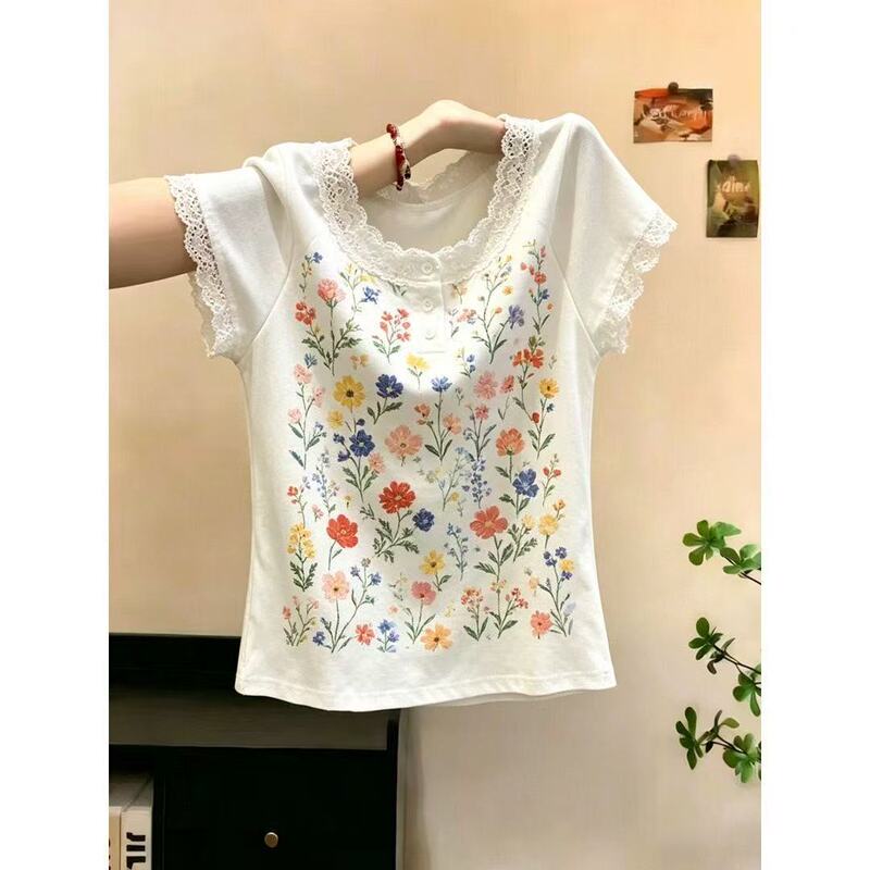 This Year's Popular Light and Mature Style Floral Lace Short-Sleeved Top for Women, White Elegant Design Pure Cotton T-Shirt This Year's Popular Light and Mature Style Floral Lace Short-Sleeved Top for Women, White Elegant Design Pure Cotton T-Shirt
