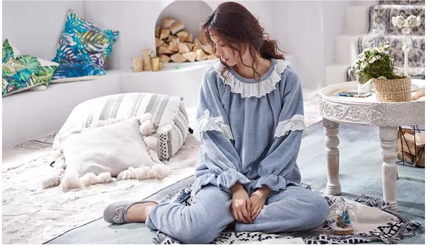Trái cây công chúa gió dày lông cừu đồ ngủ hai mảnh nữ mùa flannel mùa thu và mùa đông có thể mặc bên ngoài quần áo phù hợp với vỏ đồ bộ kiểu