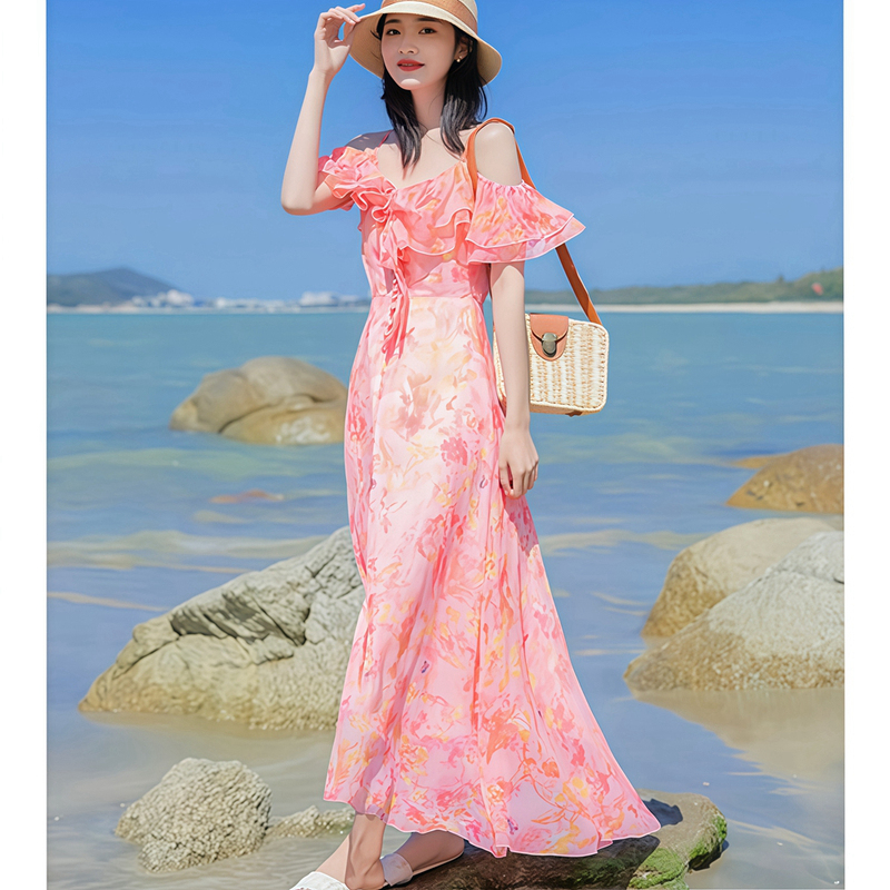Floral Suspender Dress with Ruffled Chiffon, Sweet and Super Fairy-Like, Stunning Summer Long Dress That Reaches the Ankles, Extra-Long Style