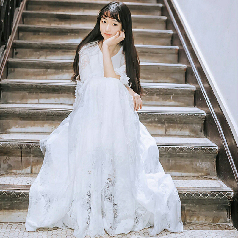 White Dress Fairy-Like First Love Lace Ethereal Temperament Fluttering Beautiful in Photos Long Dress Petite Forest Style Summer