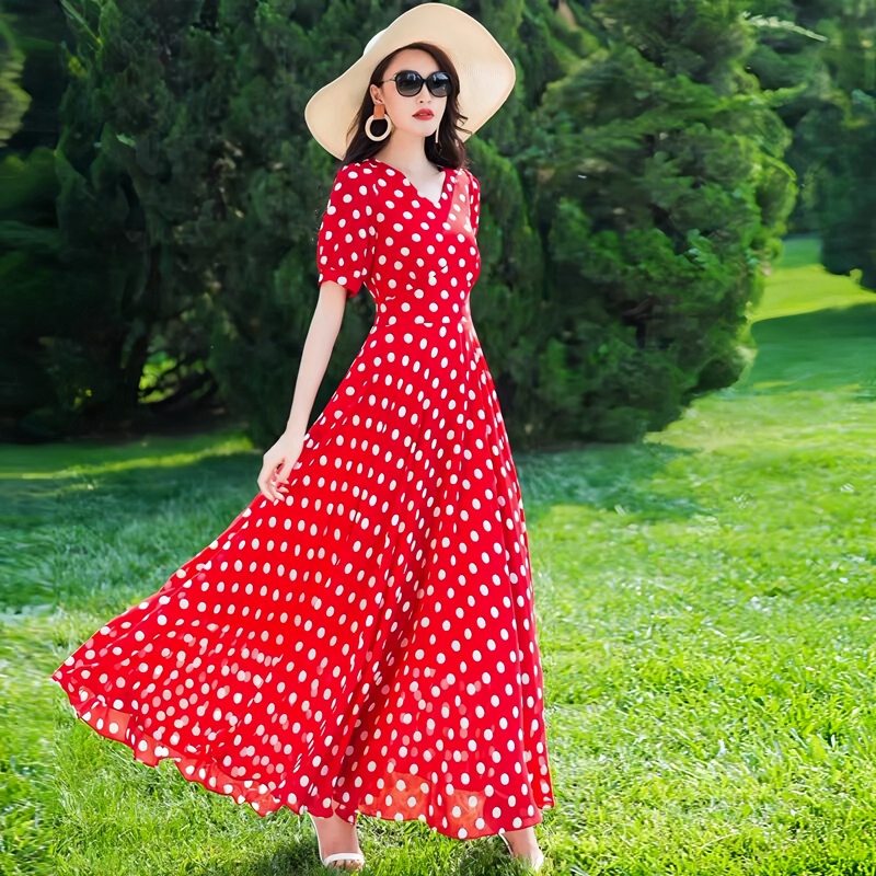 Red Dress Women's Summer Thin Extra Long Ankle-Length Elegant Large Size Elegant Chiffon Polka Dot Long Skirt