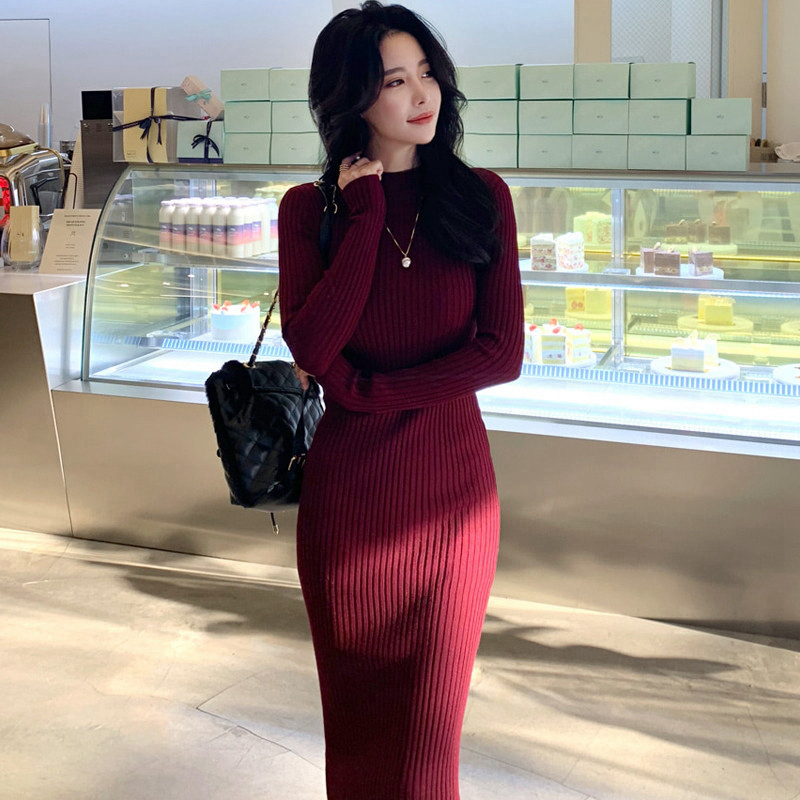 Red Sweater Dress, Extra Long Skirt for Women, Autumn and Winter Skirt, Mid-Length, Over-The-Knee, Slim Fit, Tight-Fitting, Stretchy, Sexy Knitted Dress