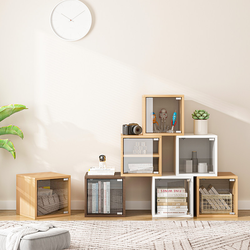 Small cabinet Free combined grid cabinet Easy bookcase shelf storage containing wooden glass door children floor cupboards