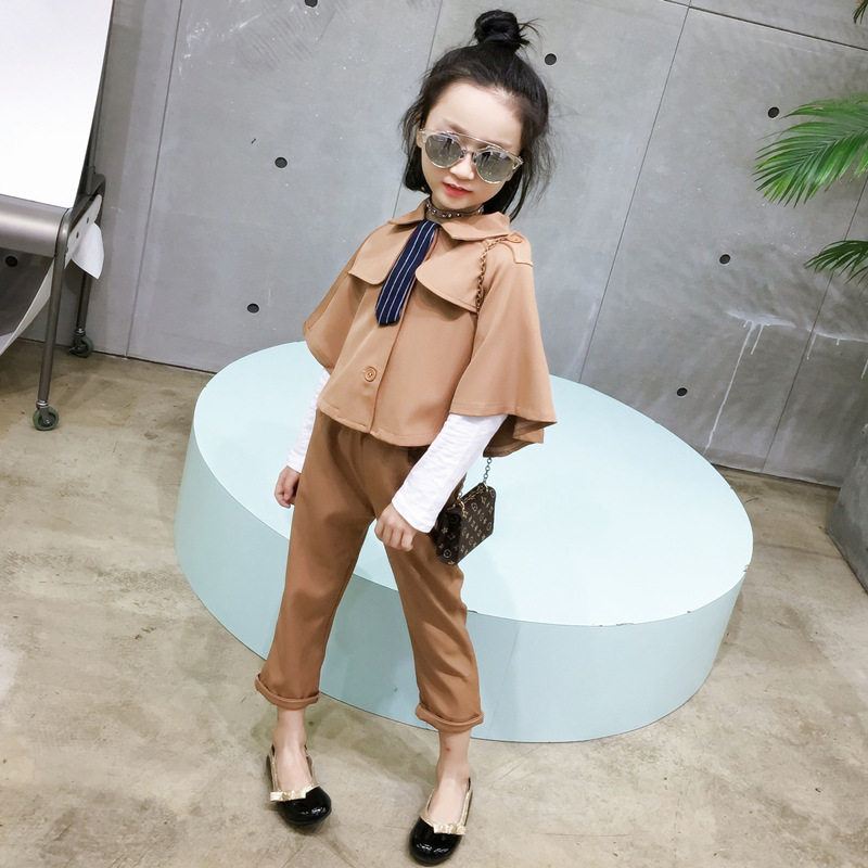 Children Suit Fall New Foreign Pie Girl Bat Cuff Cloak Cape Trousers PIPE PANTS TWO SETS OF MODEL TIDE