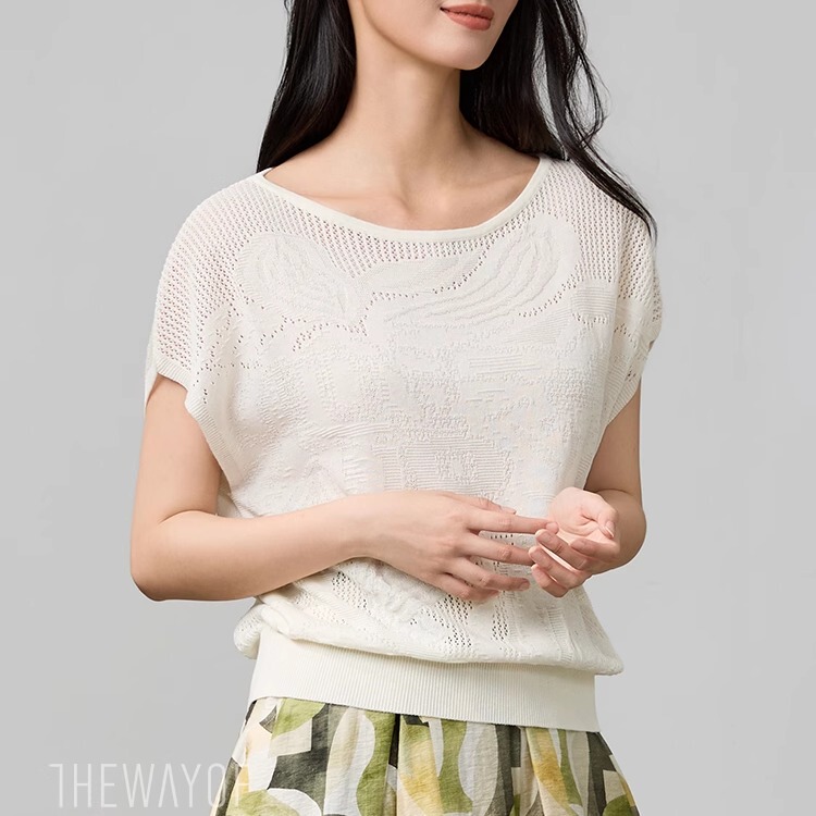 The Way of Linen Art Knitwear Short Sleeve Hollow Top Round Neck Simple Artistic 25 Summer New Style