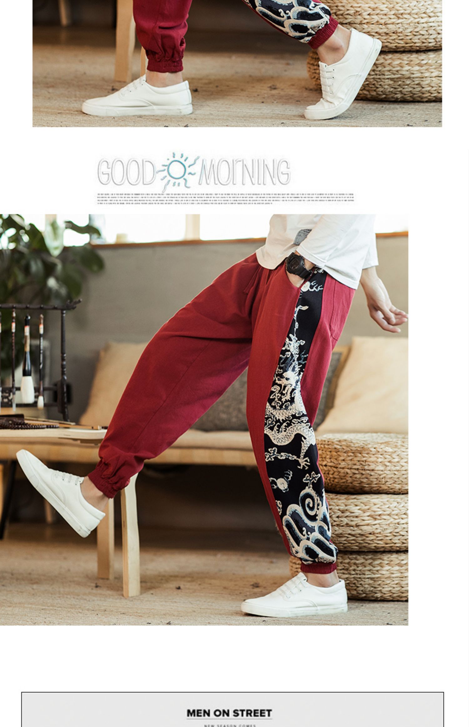 Description Picture 3 of itemMen's Cotton and Linen Printed Leggings Trousers Chinese Retro Harem Lace Jogging Pants Men's Sports Fitness Hip-hop Pants