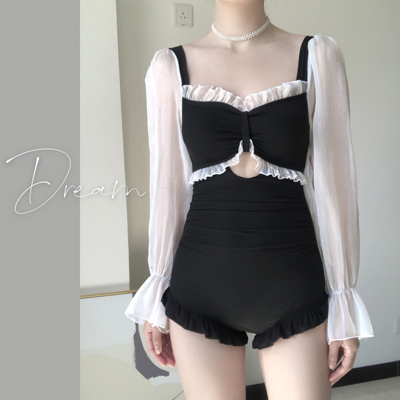 Even body swimsuit female Xia WeChat girl pure desire net red wind fairy big size conservative shade long sleeve black display slim cover