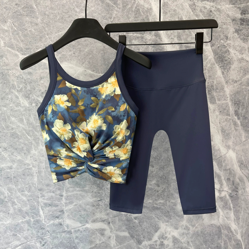 Lulu Vuru Women's Fitness Clothing Set Quick-Drying Sports 5-Point Shorts Summer with Chest Pad Sexy Yoga Tank Top